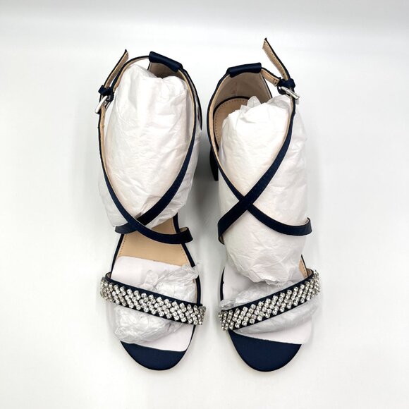 Nina Womens Size 6.5 Nora Navy Satin Jeweled Block‎ Heels Dress Sandals Shoes - Picture 3 of 13